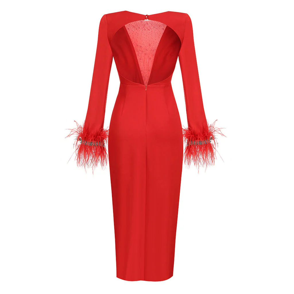 Sexy Faux Feather Long Sleeve Open Back Crystal Deep V Slit Maxi Dress - Image 2