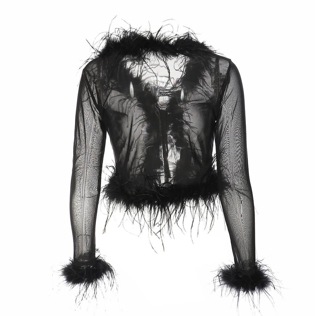 Sexy Faux Feather Trim Long Sleeve Tie Front Cropped Mesh Cardigan - Image 2