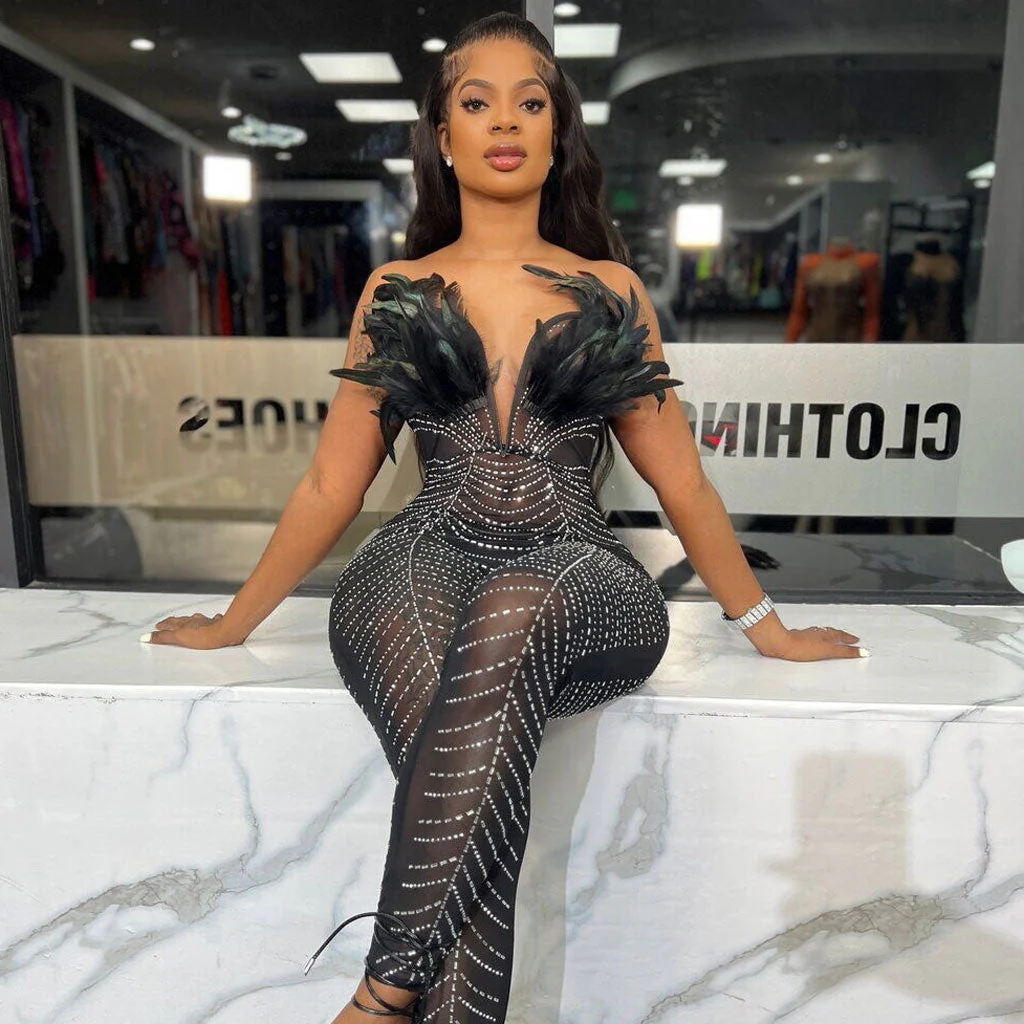 Sexy Faux Feather Trim Plunge Neck Crystal Trim Bodycon Mesh Sheer Jumpsuit - Image 2