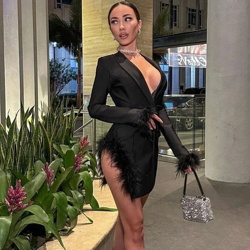 Sexy Faux Feather Trim Side Slit Shawl Collar Mini Tailored Blazer Dress - Black - Image 3