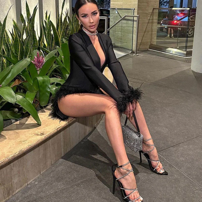 Sexy Faux Feather Trim Side Slit Shawl Collar Mini Tailored Blazer Dress - Black - Image 5