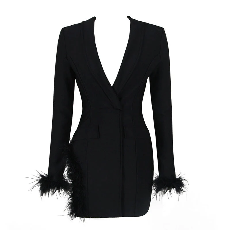 Sexy Faux Feather Trim Side Slit Shawl Collar Mini Tailored Blazer Dress - Black - Image 6