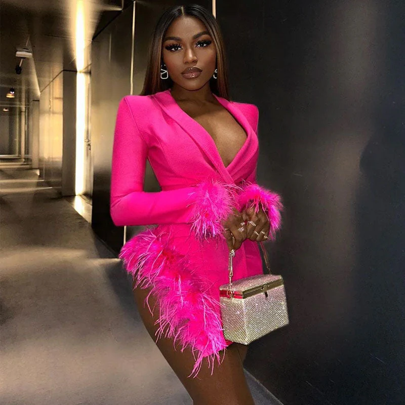 Sexy Faux Feather Trim Side Slit Shawl Collar Mini Tailored Blazer Dress - Hot Pink - Image 3