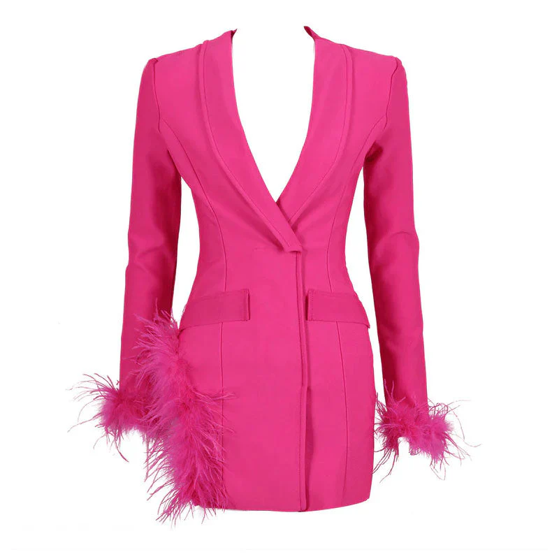 Sexy Faux Feather Trim Side Slit Shawl Collar Mini Tailored Blazer Dress - Hot Pink - Image 4