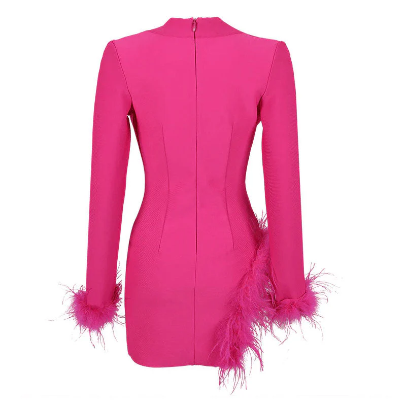 Sexy Faux Feather Trim Side Slit Shawl Collar Mini Tailored Blazer Dress - Hot Pink - Image 5