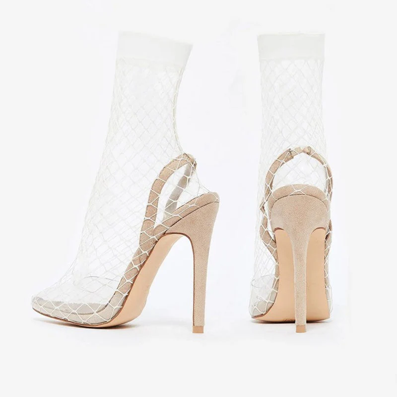 Sexy Fishnet Pointed Toe Stiletto Heel SlingBack Sandals - Apricot - Image 3