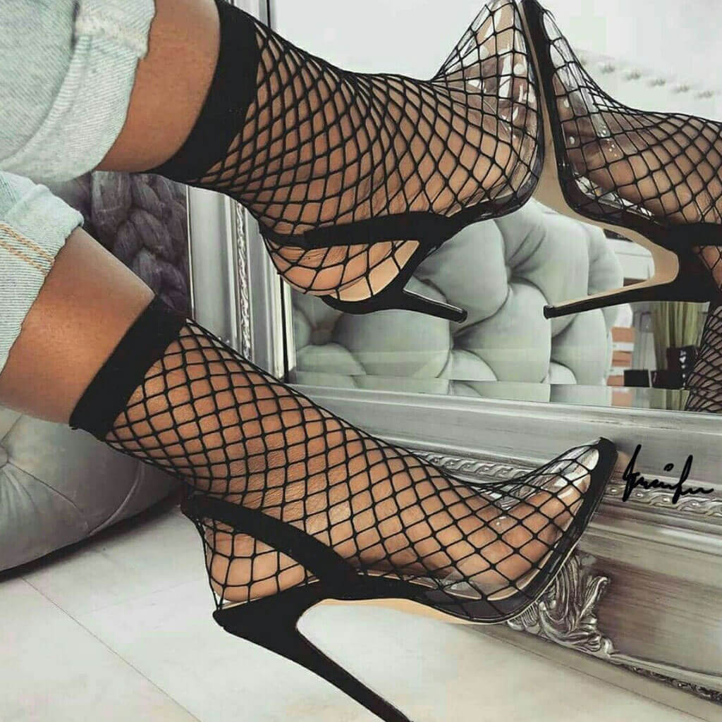 Sexy Fishnet Pointed Toe Stiletto Heel SlingBack Sandals - Black - Image 3