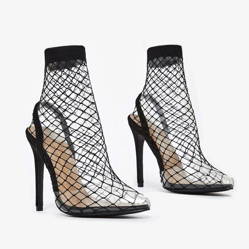 Sexy Fishnet Pointed Toe Stiletto Heel SlingBack Sandals - Black - Image 4