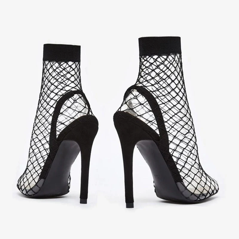 Sexy Fishnet Pointed Toe Stiletto Heel SlingBack Sandals - Black - Image 5