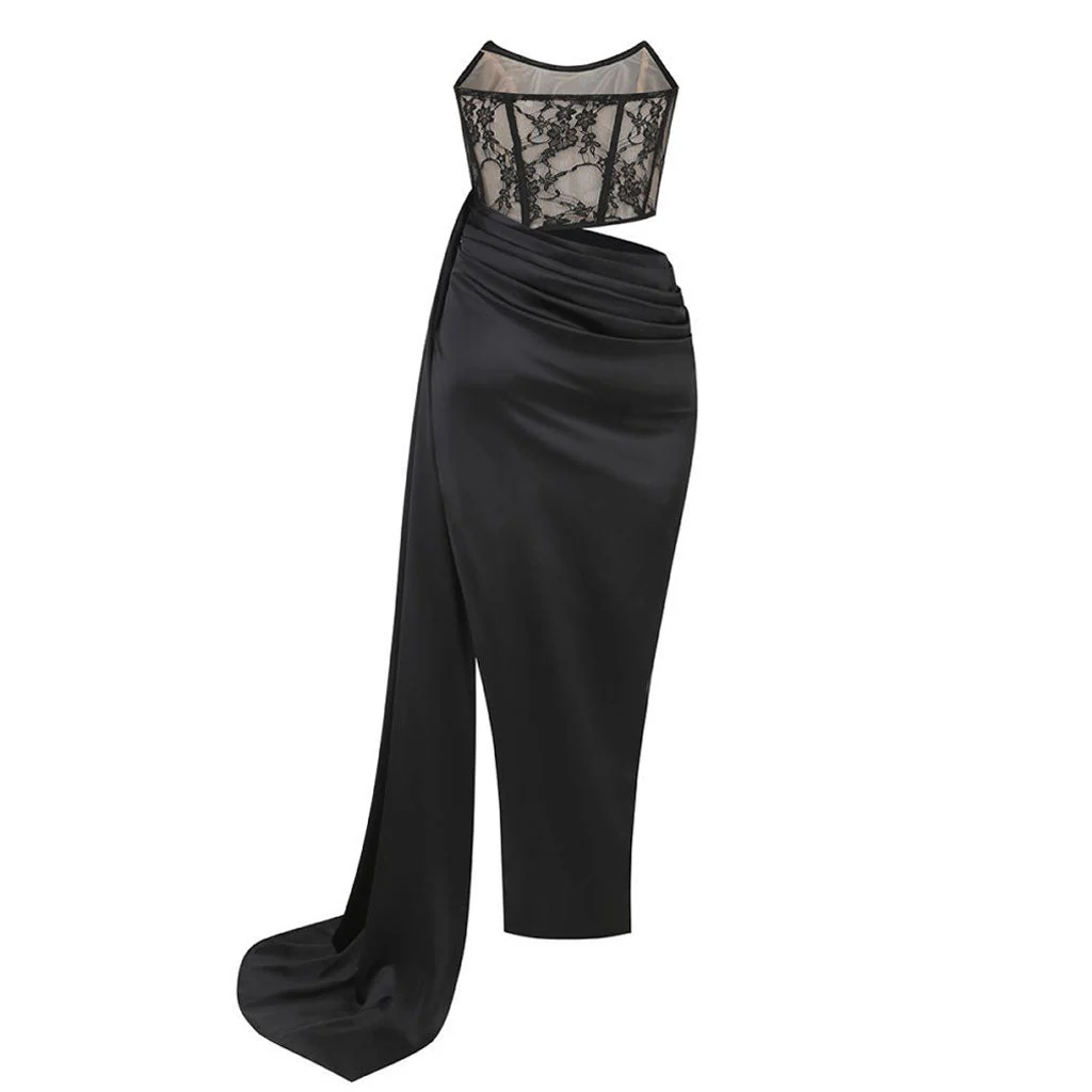 Sexy Floral Lace Panel Pleated Corset Draped High Split Maxi Evening Dress - Image 2