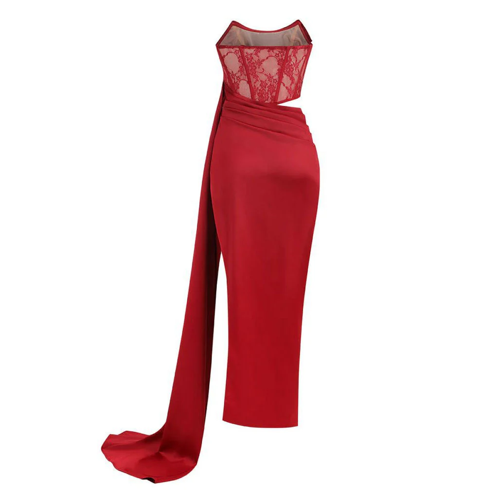 Sexy Floral Lace Panel Pleated Corset Draped High Split Maxi Evening Dress - Image 4