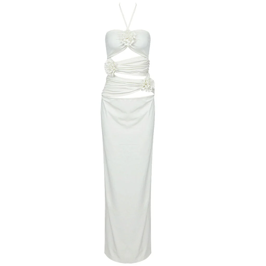 Sexy Floral Rosette Ruched CutOut Halter Neck Maxi Evening Dress - Image 6