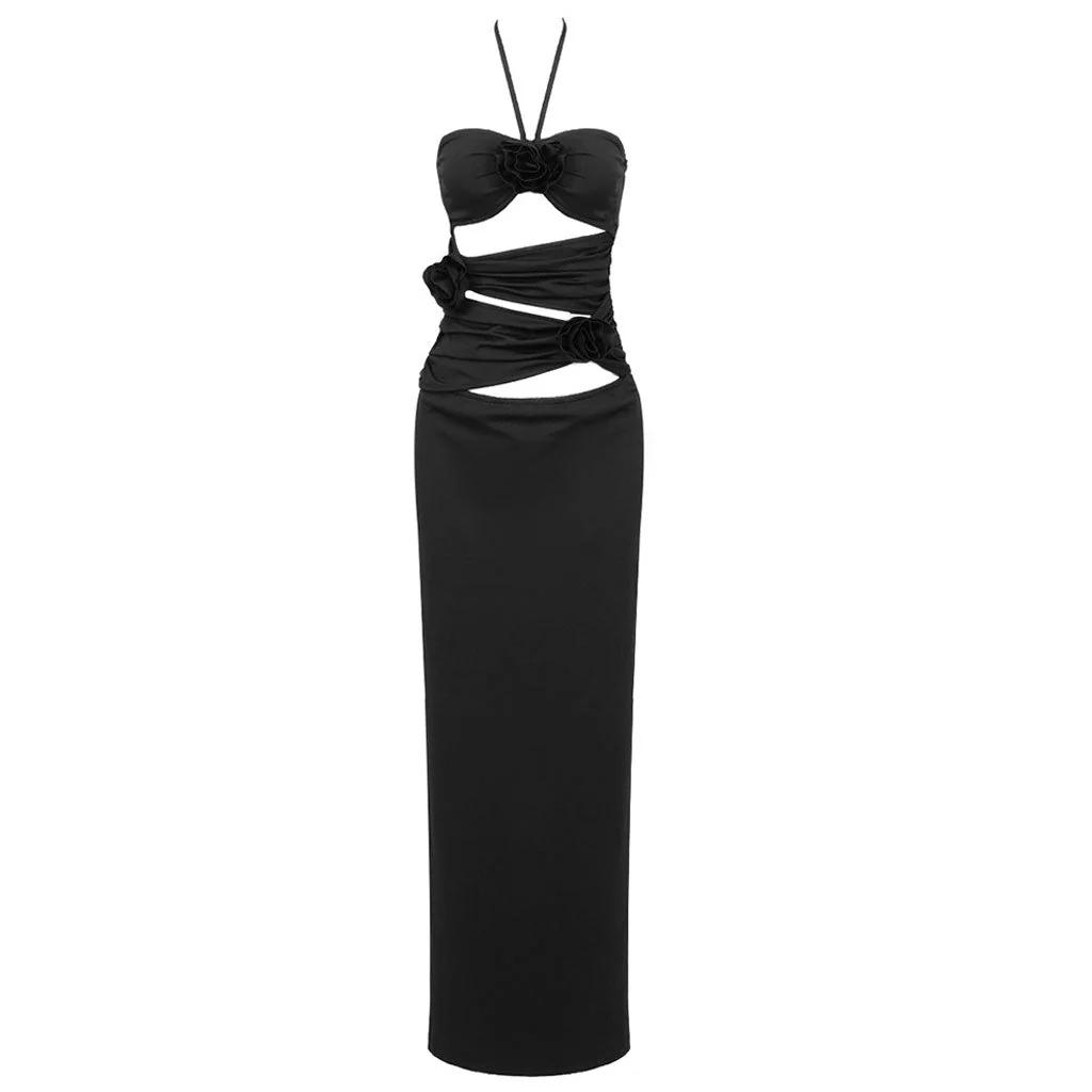 Sexy Floral Rosette Ruched CutOut Halter Neck Maxi Evening Dress - Image 7