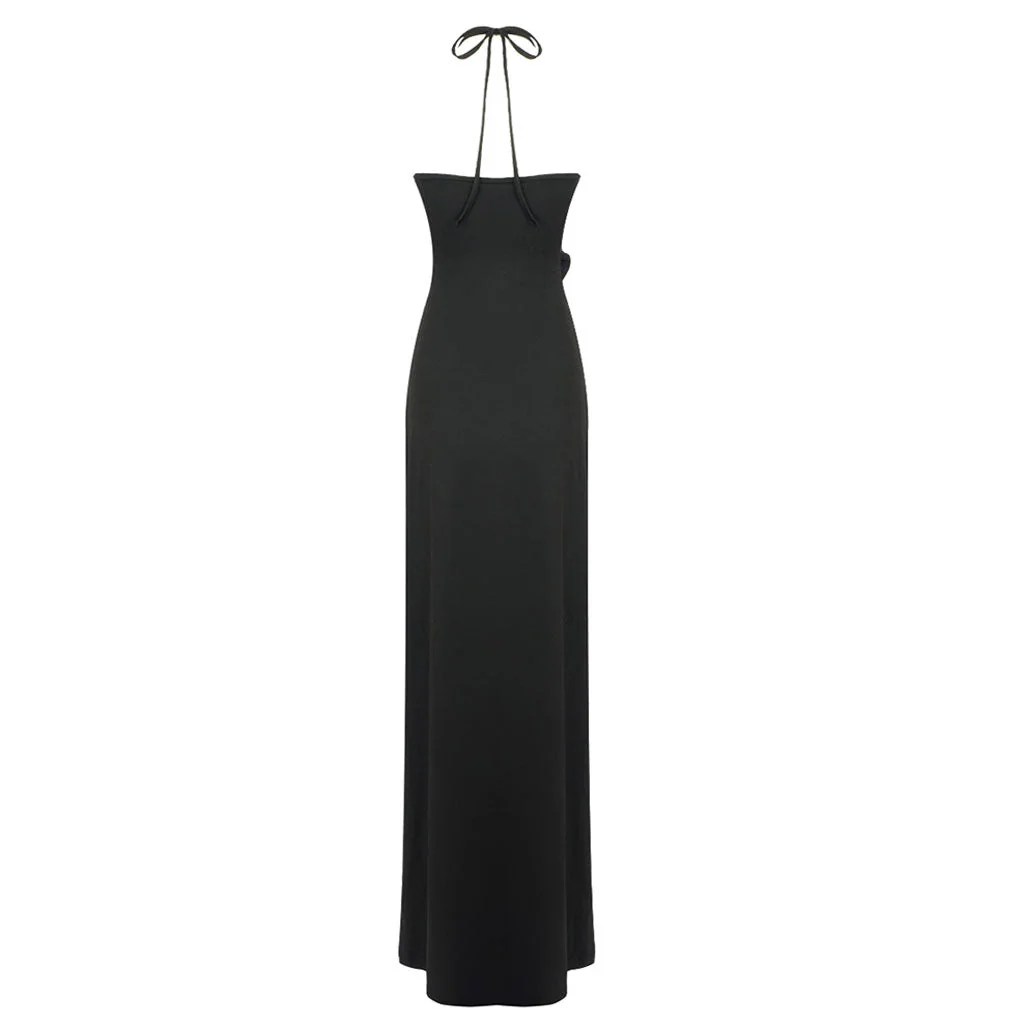 Sexy Floral Rosette Ruched CutOut Halter Neck Maxi Evening Dress - Image 8
