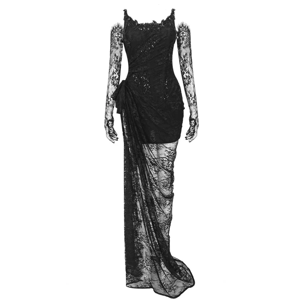 Sexy Gloved Lace Rhinestone Strapless Ruched Corset Split Maxi Evening Dress - Image 5