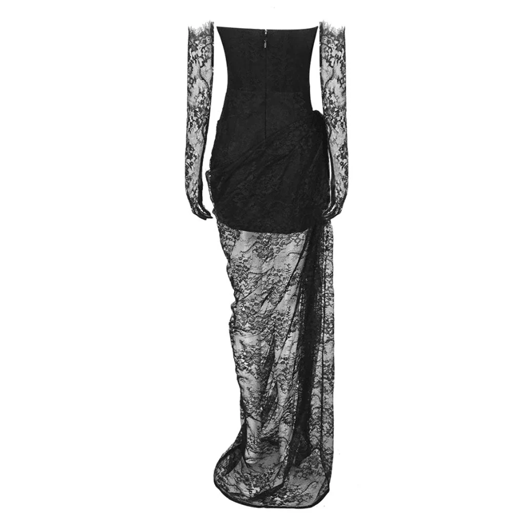 Sexy Gloved Lace Rhinestone Strapless Ruched Corset Split Maxi Evening Dress - Image 6