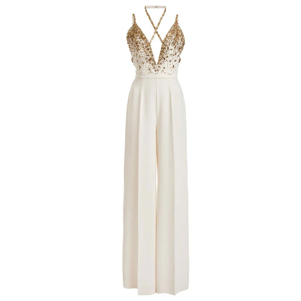 Sexy Golden Crystal Sequined Plunge Halter Wild Leg Sleeveless Tailored Jumpsuit - Image 5