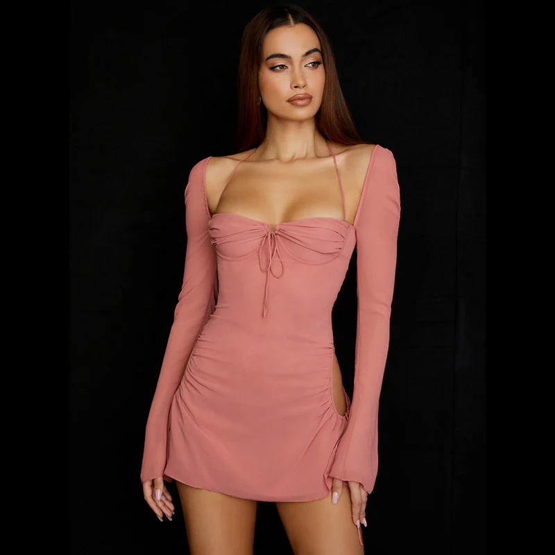Halter Tie Strap Ruched Cut Out Club Mini Dress - Light Pink - Image 4