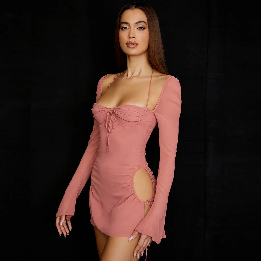Halter Tie Strap Ruched Cut Out Club Mini Dress - Pink - Image 2