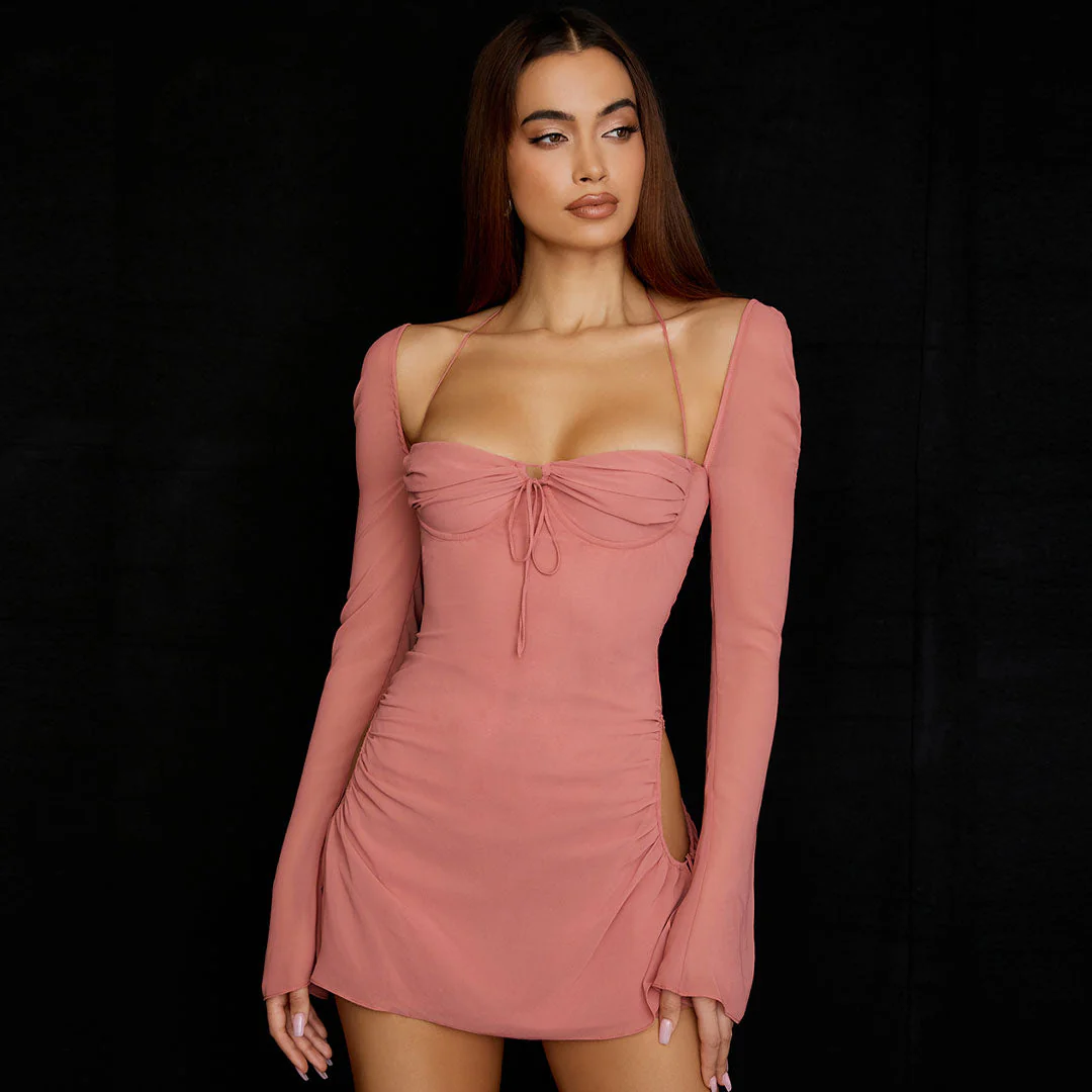 Halter Tie Strap Ruched Cut Out Club Mini Dress - Pink - Image 3