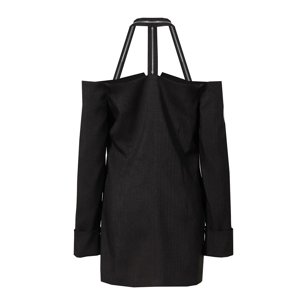 Sexy Halter Zip Detail Off The Shoulder Long Sleeve Double Breasted Mini Blazer Dress - Image 2