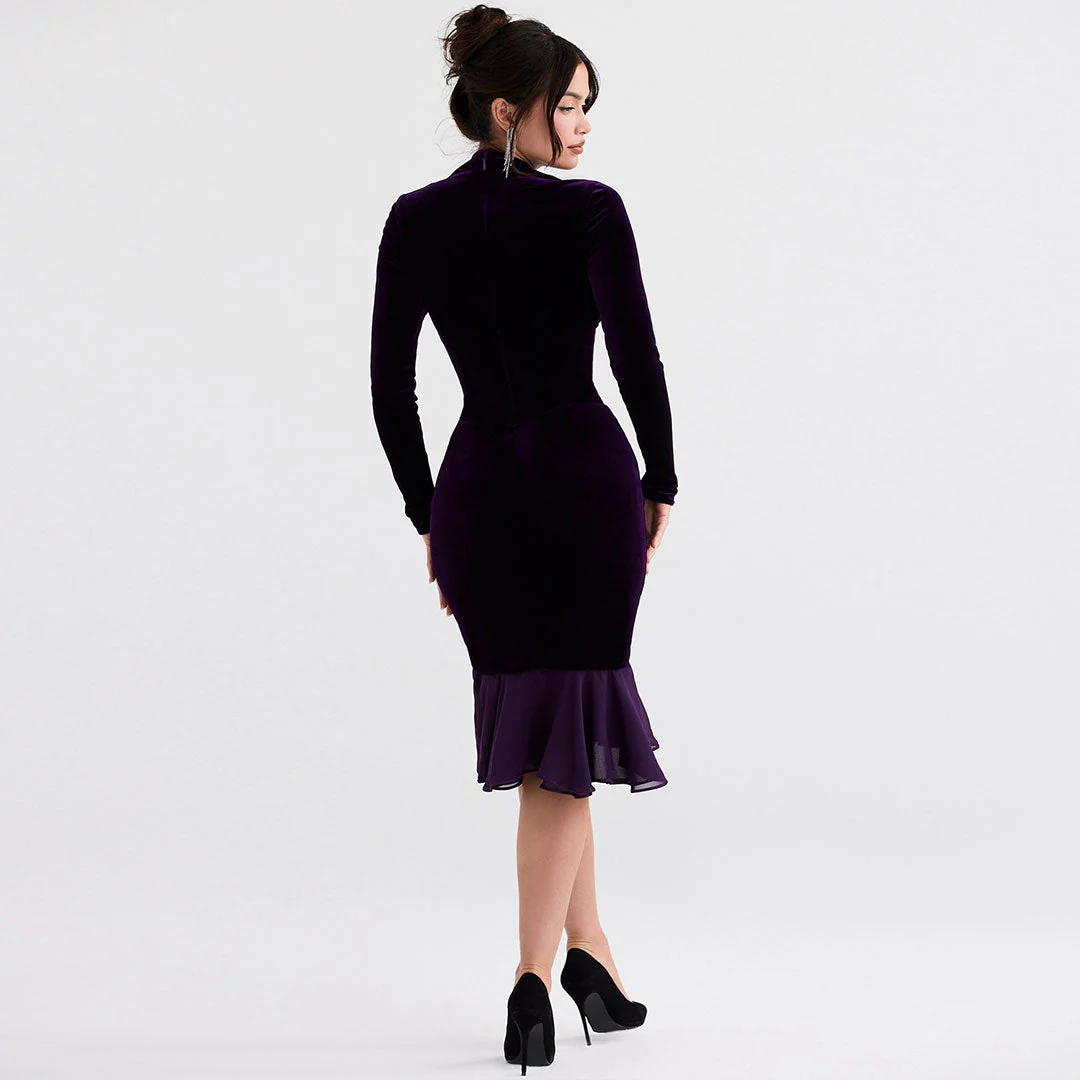 High Low Mesh Panel Ruffle Hem Long Sleeve Velvet Mini Dress - Purple - Image 3