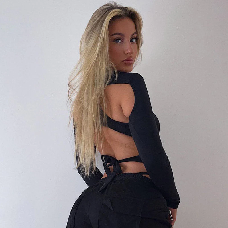 High Neck Long Sleeve Cutout Sheer Mesh Layered Bodysuit - Black - Image 3