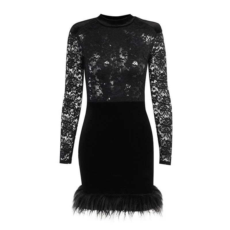 High Neck Long Sleeve Floral Lace Panel Trim Feather Mini Dress - Black - Image 4
