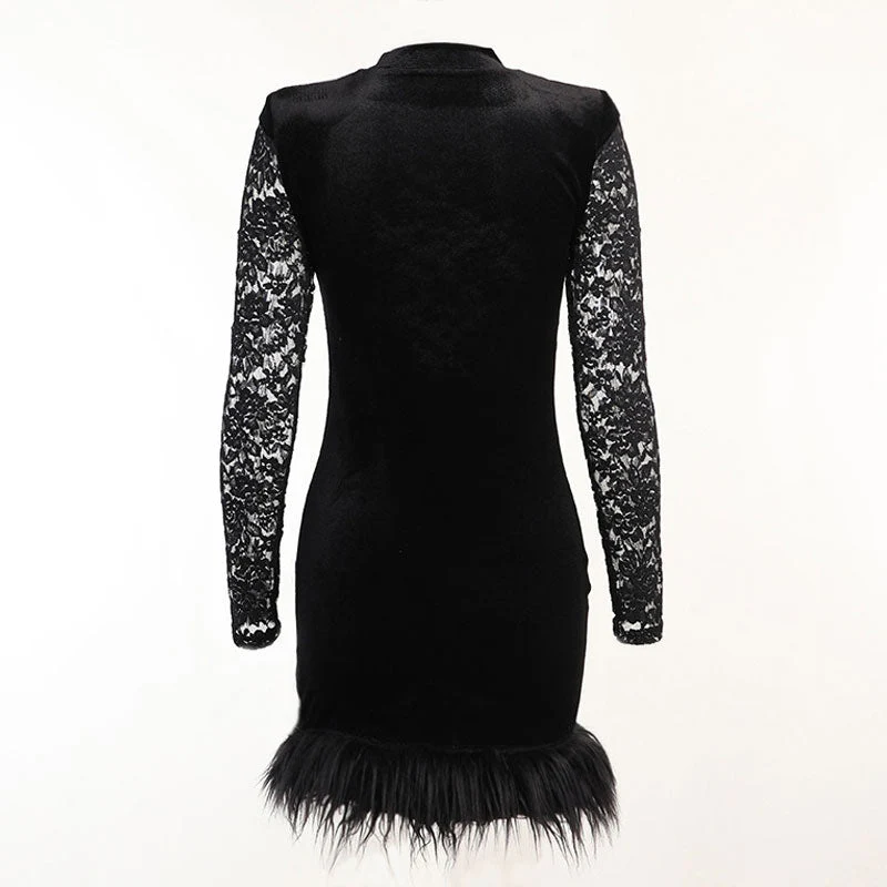 High Neck Long Sleeve Floral Lace Panel Trim Feather Mini Dress - Black - Image 5
