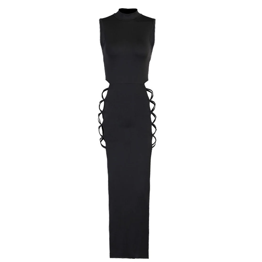 High Neck Sleeveless High Slit  Cut Out Maxi Dress - Black - Image 4