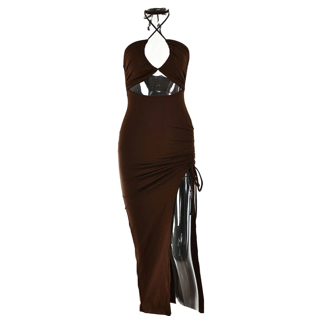 High Split Cross Front Cutout Ruched Halter Party Maxi Derss - Brown - Image 3