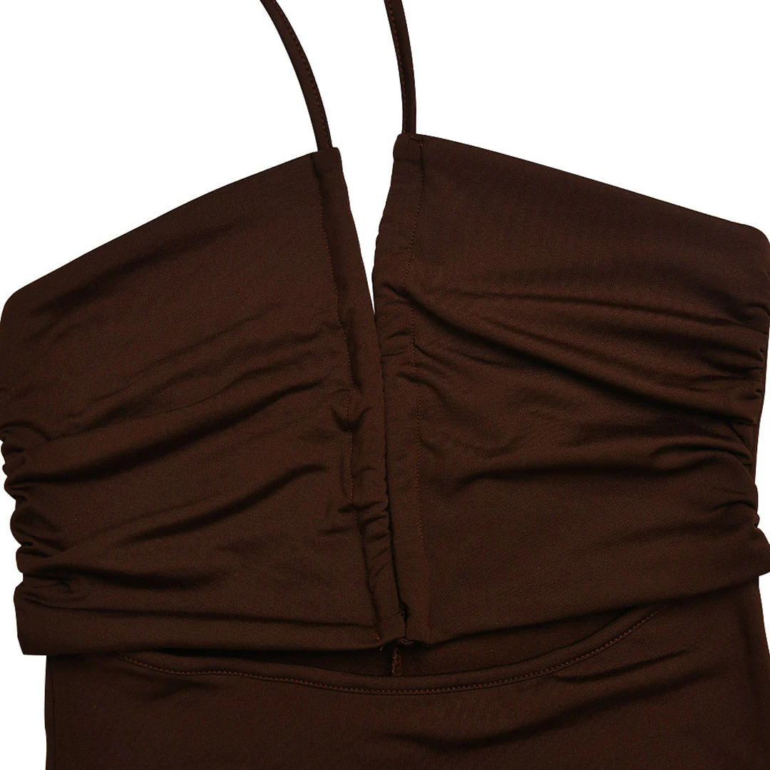 High Split Cross Front Cutout Ruched Halter Party Maxi Derss - Brown - Image 4