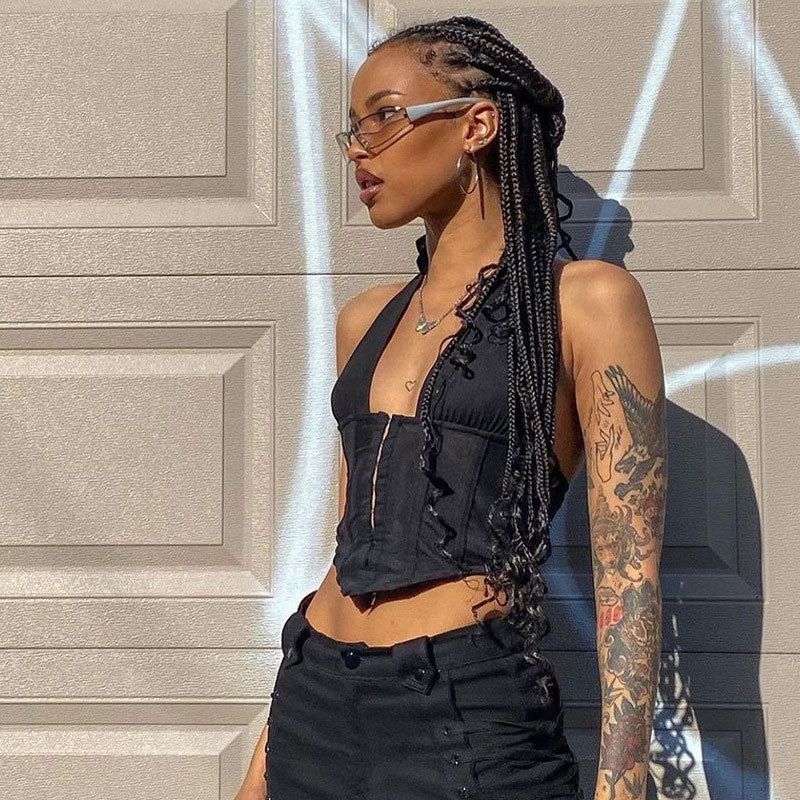 Hook And Eye Detail Curved Hem Lace Up Backless Halter Crop Top - Black - Image 2