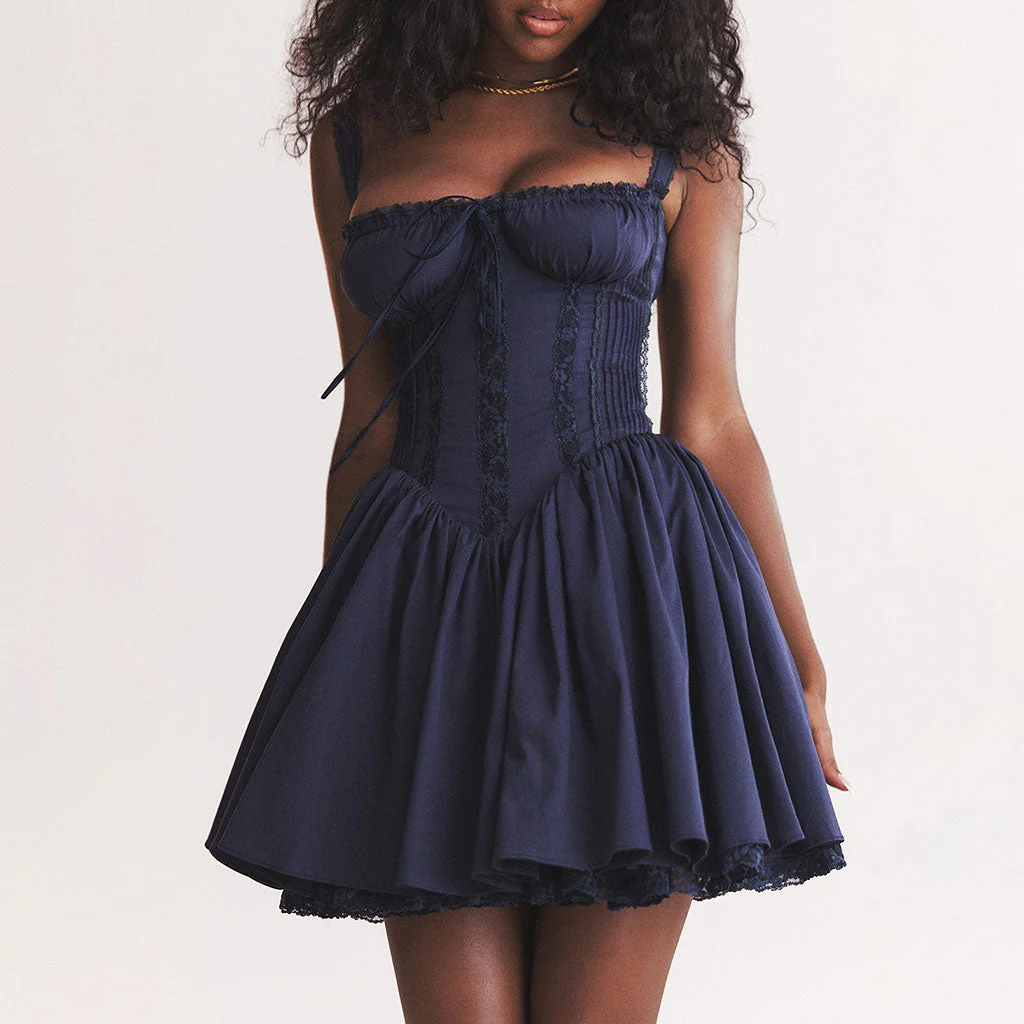 Sexy Lace Bustier Bow Tie Lace Up Back Drop Waist Flared Mini Corset SunDress - Image 2