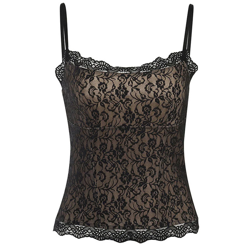 Lace Floral Spaghetti Strap Sleeveless Tank Top - Black - Image 4