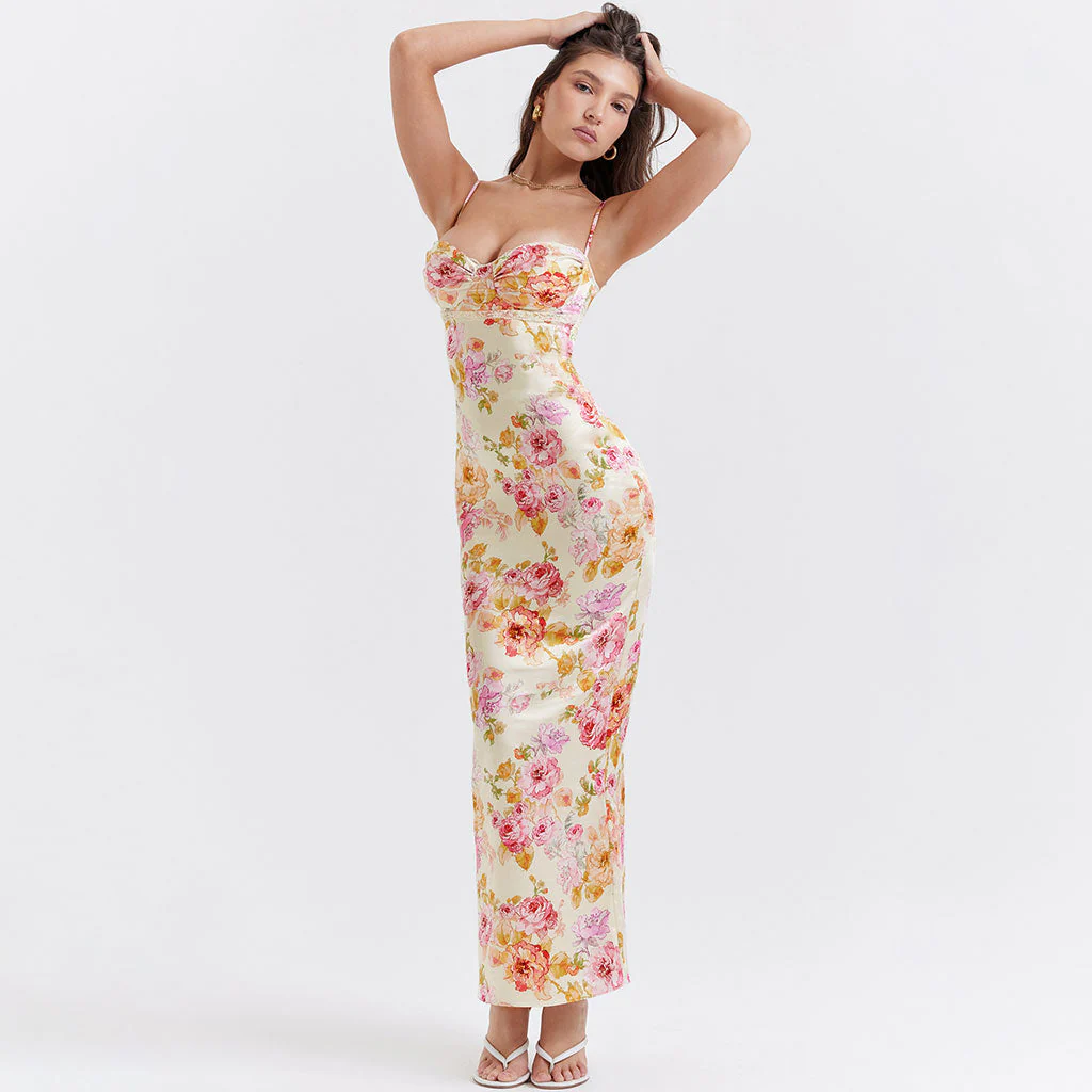 Sexy Lacy Trim Sweetheart Neck Floral Printed Back Split Maxi Satin Slip Dress - Image 2