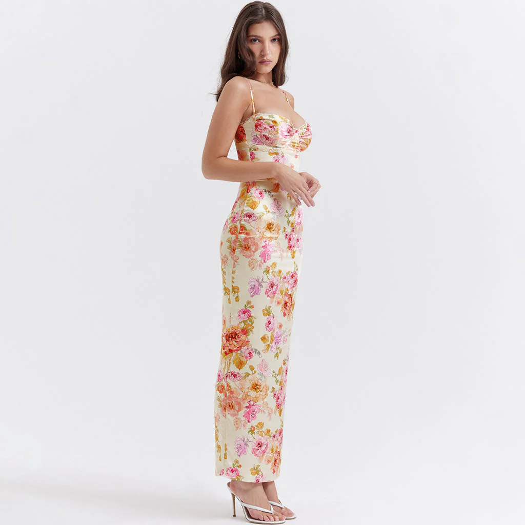 Sexy Lacy Trim Sweetheart Neck Floral Printed Back Split Maxi Satin Slip Dress - Image 3