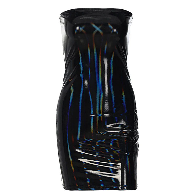 Latex Solid Color Strapless Bodycon Party Mini Dress - Black - Image 3