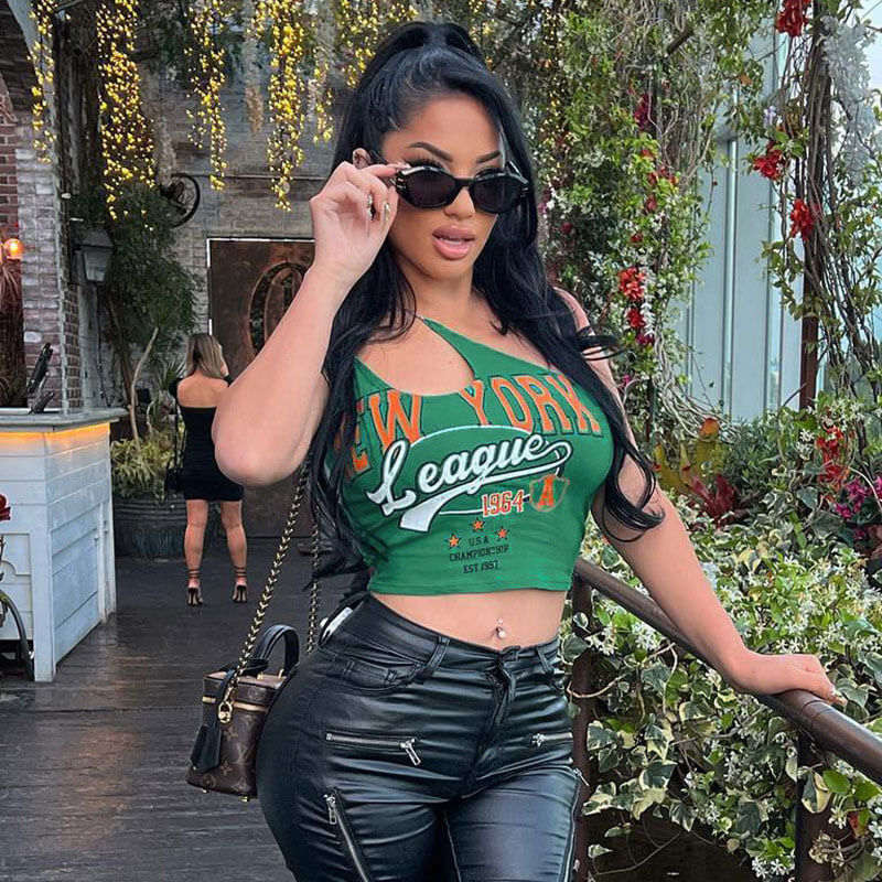 Letter Print Cut Out Chain Trim One Shoulder Crop Top - Green - Image 2