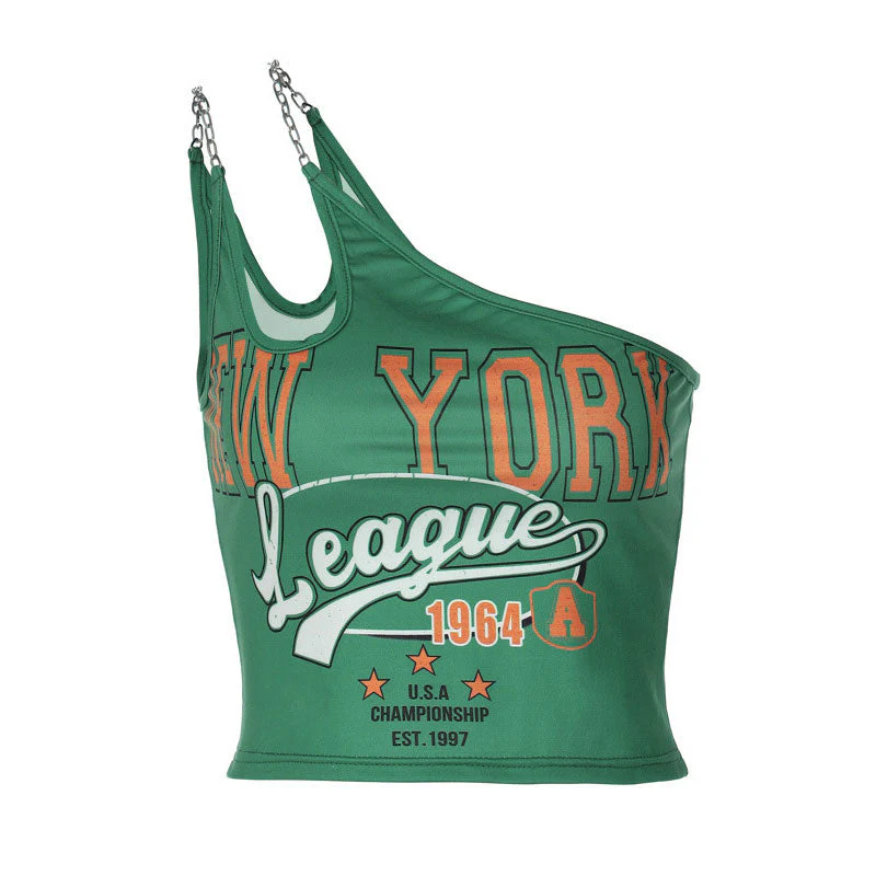 Letter Print Cut Out Chain Trim One Shoulder Crop Top - Green - Image 3