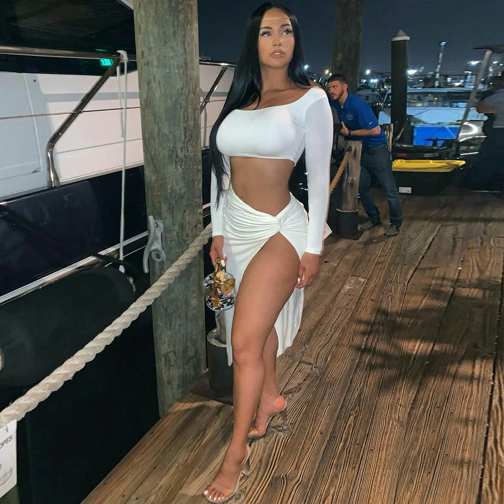 Long Sleeve Crop Top High Slit Skirt Matching Set - White - Image 4