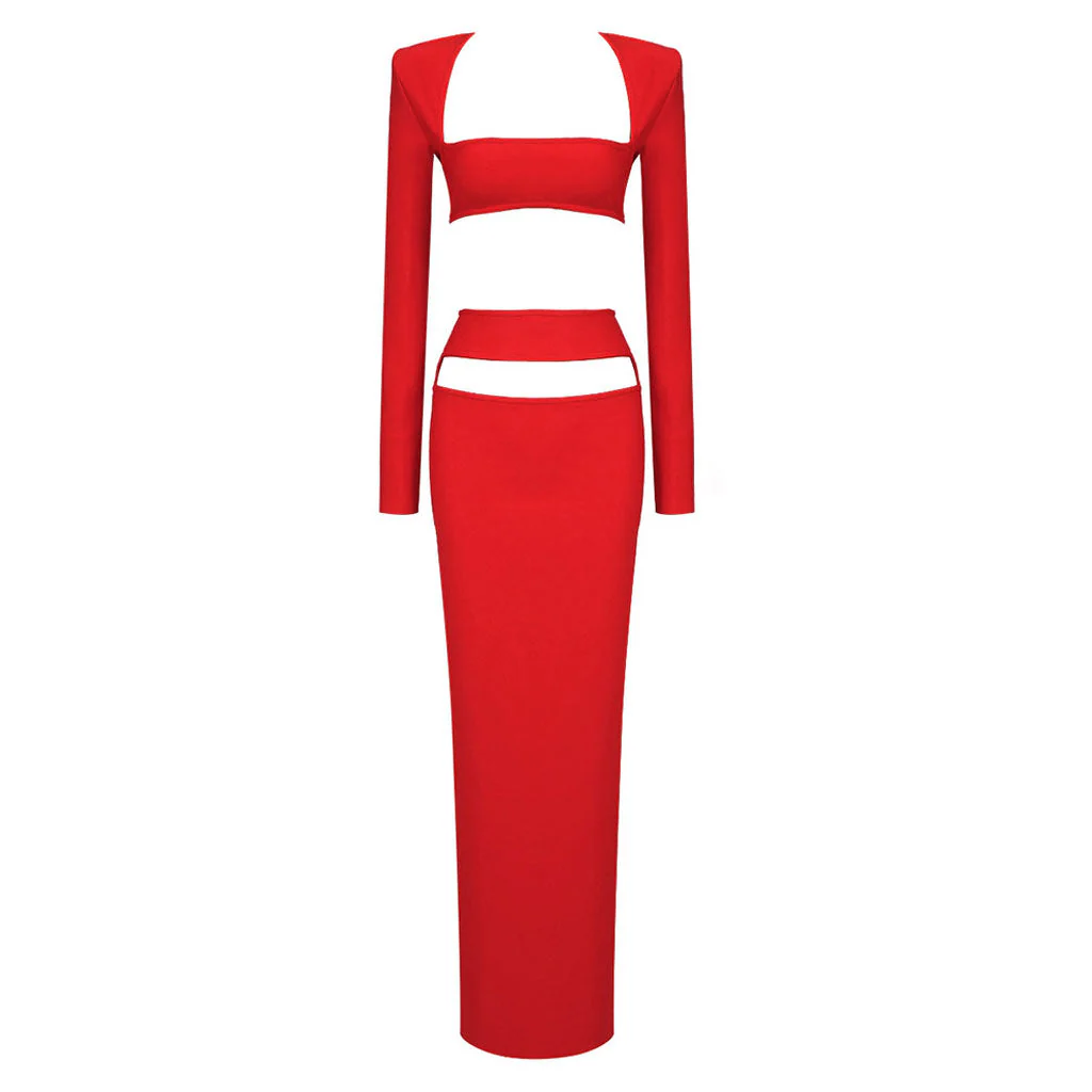 Sexy Long Sleeve Shoulder Pad Crop Top CutOut High Waist Skirt Matching Set - Image 9