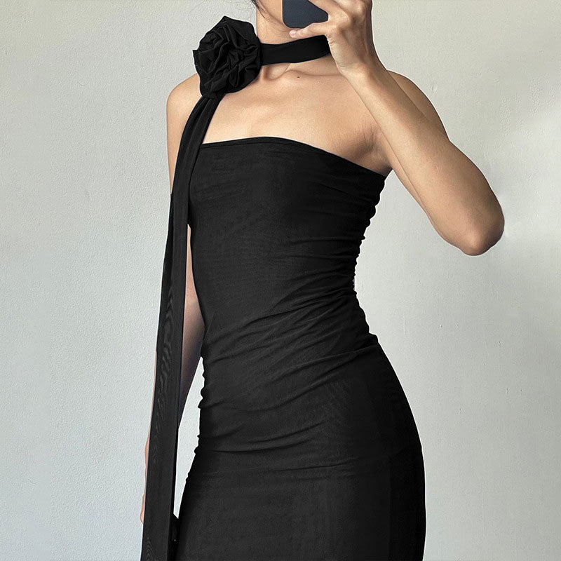 Mesh 3D Floral Choker Detail Strapless Bodycon Party Midi Dress - Black - Image 2