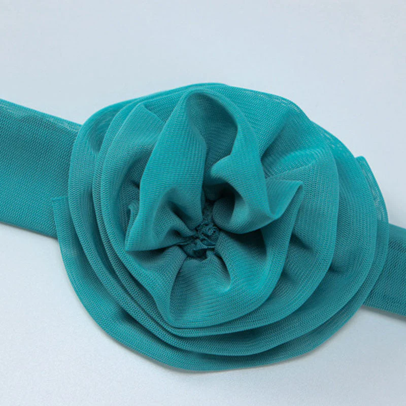Mesh 3D Floral Choker Detail Strapless Bodycon Party Midi Dress - Turquoise - Image 3