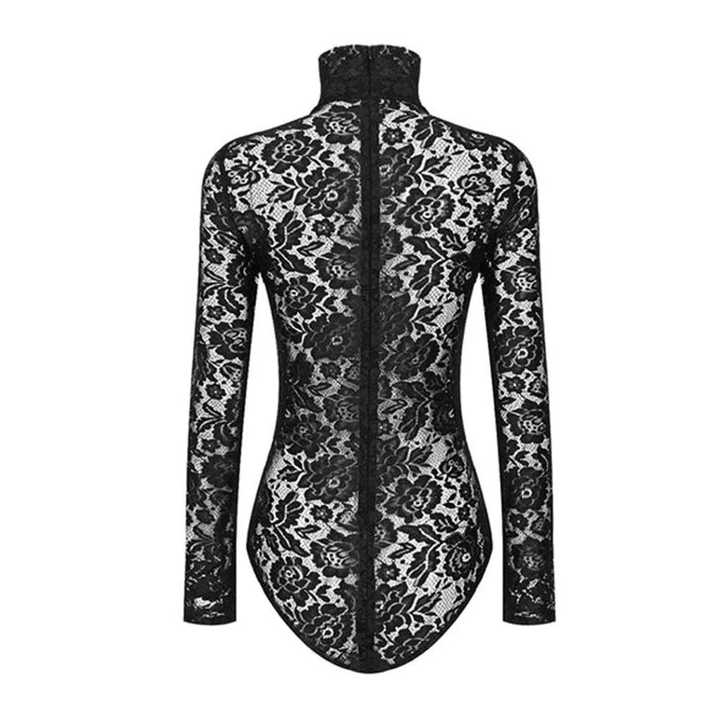 Sexy Mesh Panel High Neck Long Sleeve Floral Lace Corset Bodysuit - Image 3