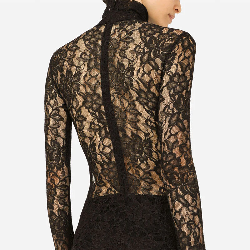 Sexy Mesh Panel High Neck Long Sleeve Floral Lace Corset Bodysuit - Image 4