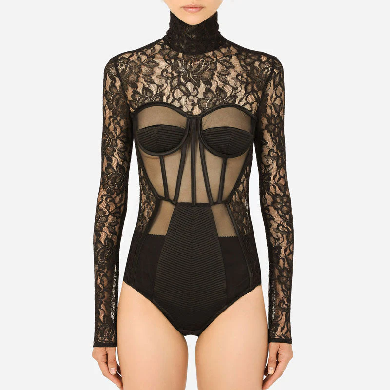 Sexy Mesh Panel High Neck Long Sleeve Floral Lace Corset Bodysuit - Image 5