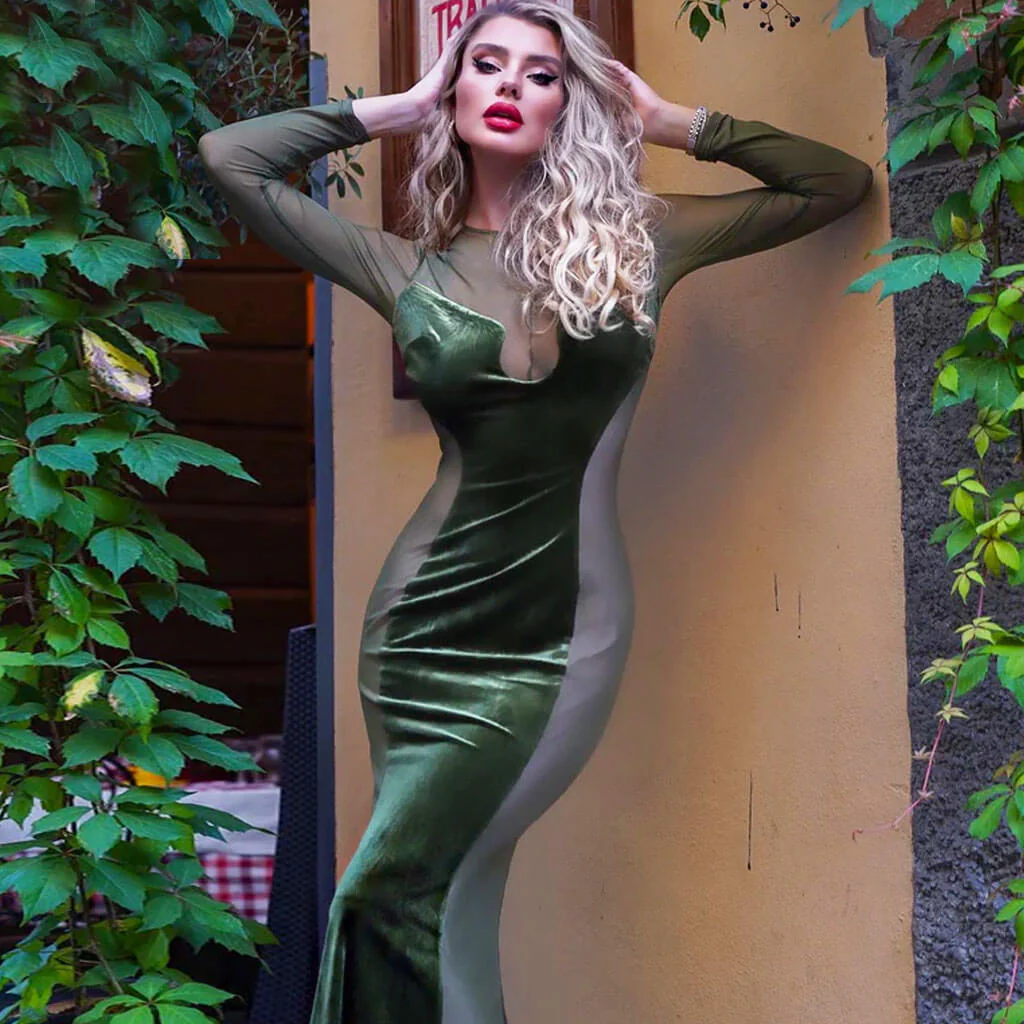 Sexy Mesh Panel Sheer Long Sleeve Mermaid Maxi Velvet Dress - Olive Green - Image 2