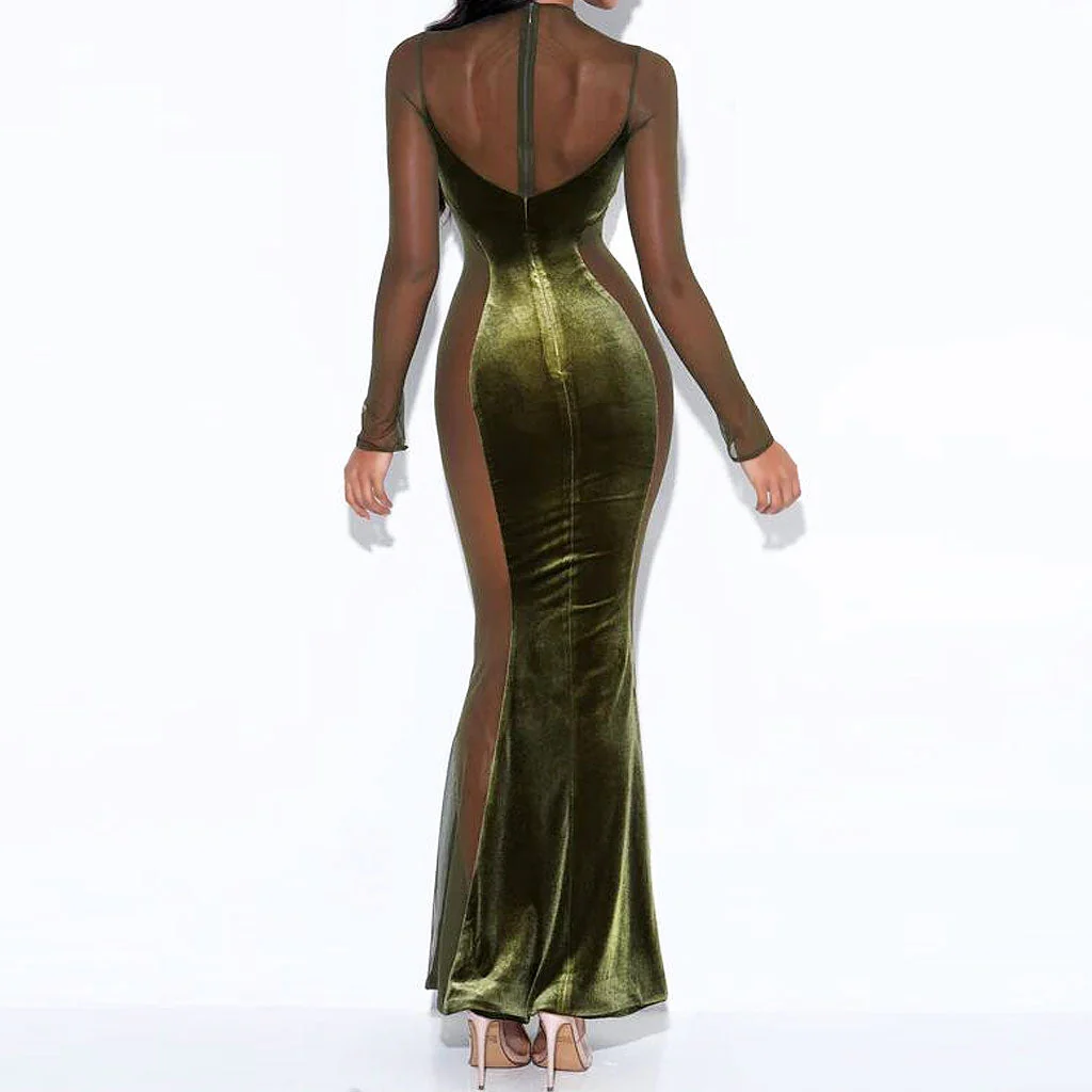 Sexy Mesh Panel Sheer Long Sleeve Mermaid Maxi Velvet Dress - Olive Green - Image 5