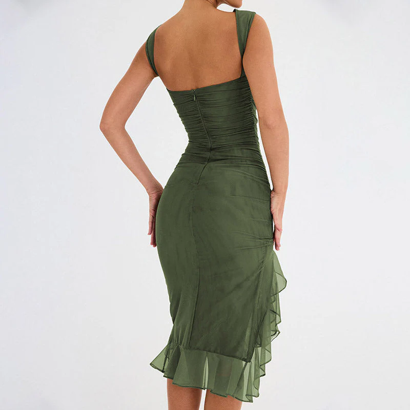 Mesh Ruched Crew Neck Sleeveless Bodycon Ruffle Cocktail Midi Dress - Army Green - Image 3